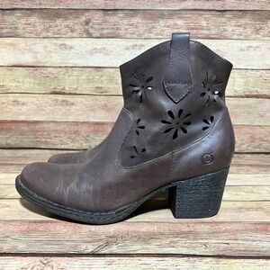 Born Brown Leather Ivy Floral Cut Out Ankle Boots